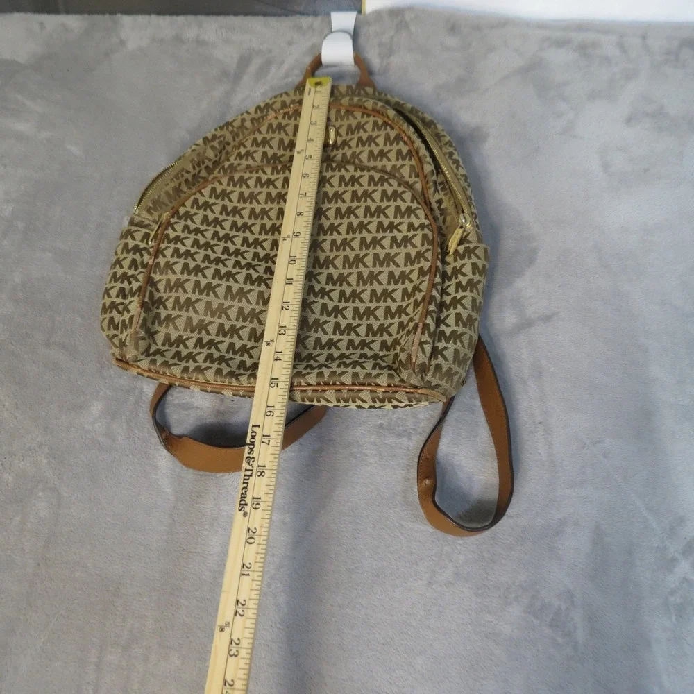 Michael Kors Abbey Backpack Signature Monogram Canvas Tan Leather Gold Hardware